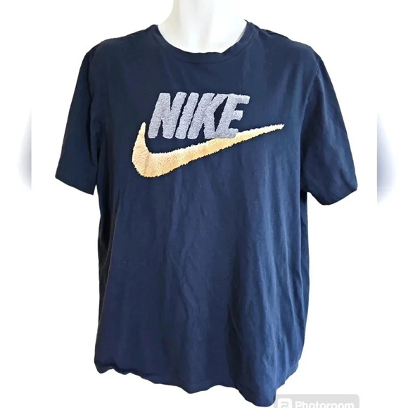 Nike Mens Large Navy Blue Chenille Swoosh Logo T Shirt Retro Y2K Streetwear - Picture 2 of 5